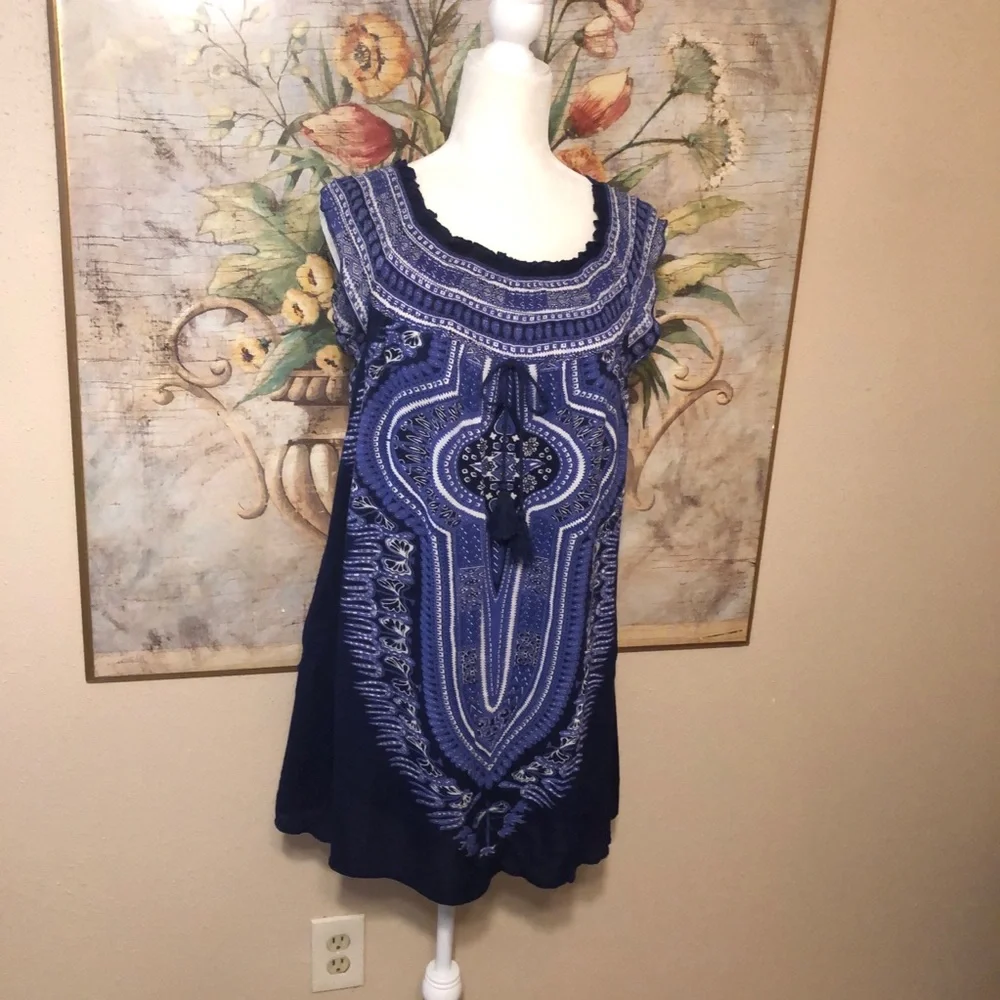 Sz M Band of Gypsies Coverup Smock Dress Off the Shoulder Blue Multiprint 861490